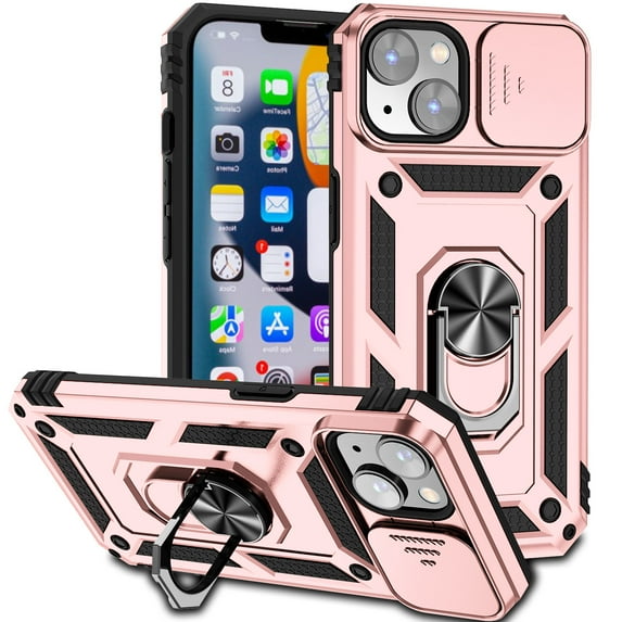 Dteck Armor Case for iPhone 14 Stand Case with Slide Camera Cover Kickstand Military Grade Shockproof Heavy Duty Protective Magnetic Case for iPhone 14 6.1-inch,Rosegold