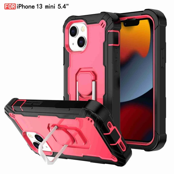 Dteck Back Case For Apple iPhone 13 Mini, Ring Stand Shockproof Hybrid Hard PC Soft Silicone Bumper Heavy Duty Shockproof Three Layer Drop Protective Girls Boy Cute Phone Case(Black+Rose)