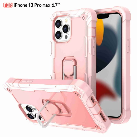 Dteck Back Case For Apple iPhone 13 Pro, Ring Stand Shockproof Hybrid Hard PC Soft Silicone Bumper Heavy Duty Shockproof Three Layer Drop Protective Girls Boy Cute Phone Case(Rosegold)