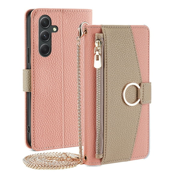 Dteck Bag Crossbody Strap Case for Samsung Galaxy A15 5G,Magnetic Leather Card Slots Zipper Wallet Hidden Mirror Case Shockproof Stand Full Body Protective Cover with Detachable Metal Strap,Pink