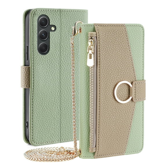 Dteck Bag Crossbody Strap Case for Samsung Galaxy A15 5G,Magnetic Leather Card Slots Zipper Wallet Hidden Mirror Case Shockproof Stand Full Body Protective Cover with Detachable Metal Strap,Green