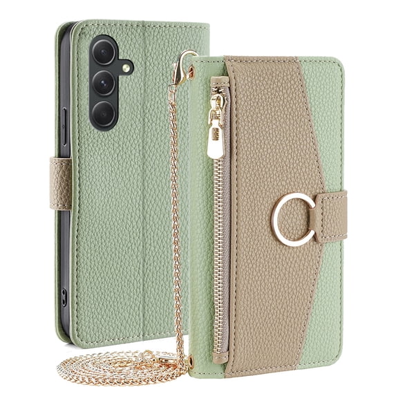Dteck Bag Crossbody Strap Case for Samsung Galaxy A25 5G,Magnetic Leather Card Slots Zipper Wallet Hidden Mirror Case Shockproof Stand Full Body Protective Cover with Detachable Metal Strap,Green