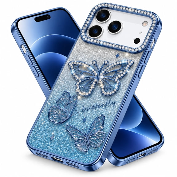 Dteck Bling Diamond Butterfly Case for iPhone 18 Pro, Cute Sparkle Glitter Diamond Crystal Rhinestone Protective Cover for Girls Women, Blue