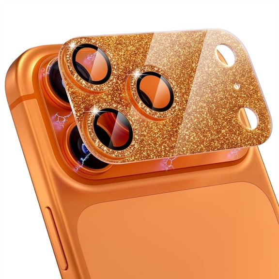 Dteck Bling Glitter Camera Lens Protector for iPhone 17 Pro Max, Shockproof Tempered Glass Anti-Scratch Screen Cover, Orange