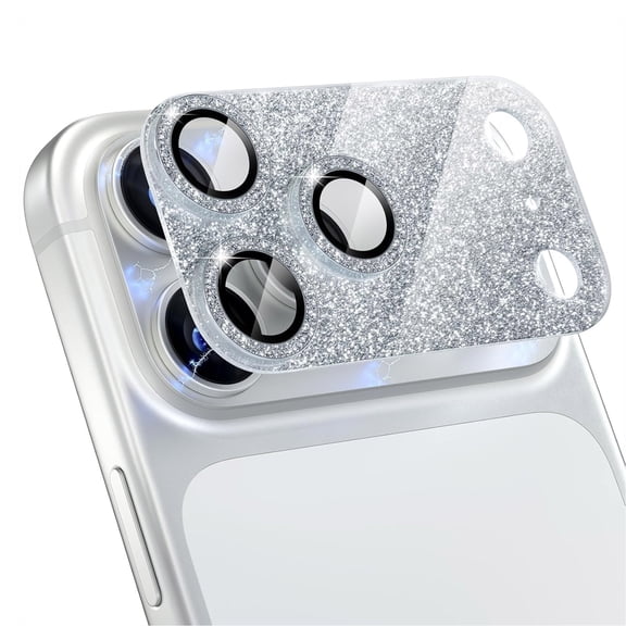 Dteck Bling Glitter Camera Lens Protector for iPhone 17 Pro Max, Shockproof Tempered Glass Anti-Scratch Screen Cover, Silver
