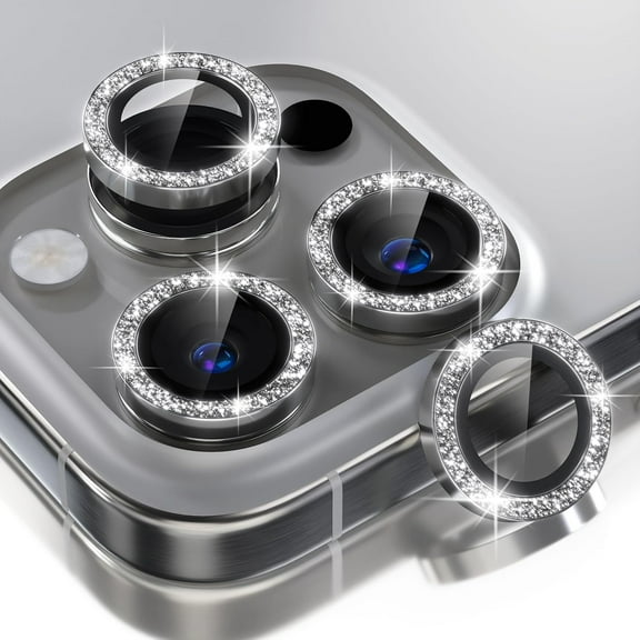 Dteck Bling Glitter Camera Lens Protector for iPhone 16 Pro Max, 9H Tempered Glass Camera Cover Screen Protector Metal Ring Decoration Accessories,Titanium Gray