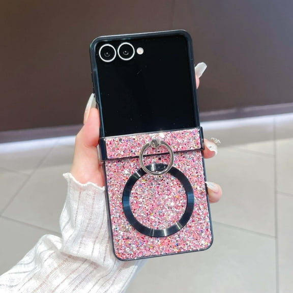 Dteck Bling Glitter Case for Samsung Galaxy Z Flip 5,Shockproof Hinge Protection PC Case Magnetic Compatible with Mag Safe Cover for Galaxy Z Flip 5,Pink