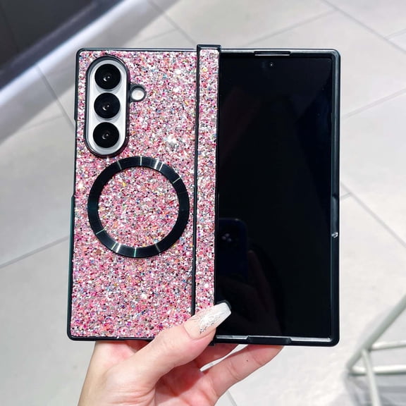 Dteck Bling Glitter Case for Samsung Galaxy Z Fold 5,Shockproof Hinge Protection PC Case Magnetic Compatible with Mag Safe Cover for Galaxy Z Fold 5,Pink