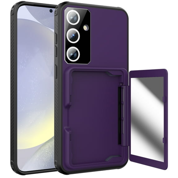Dteck Built-in Card Slot Case for Galaxy S24 ,Shockproof Rubber Case with Hidden Mirror Card Wallet Flip Cover for Galaxy S24,Purple