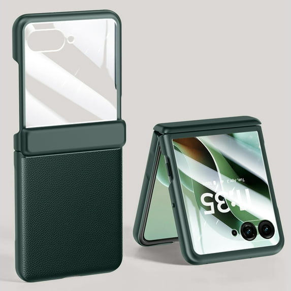 Dteck Built-in Front Screen Protector Case for Motorola Razr Ultra 2025,Shockproof Leather + PC Case Hinge Protection Slim Back Cover for Motorola Razr Ultra 2025,Darkgreen