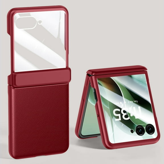 Dteck Built-in Front Screen Protector Case for Motorola Razr Ultra 2025,Shockproof Leather + PC Case Hinge Protection Slim Back Cover for Motorola Razr Ultra 2025,Red