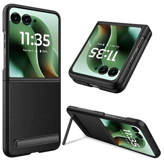 Dteck Built-in Front Screen Protector Case for Motorola Razr Ultra 2025,Slim Leather +PC Case with Invisible Kickstand Shockproof Back Cover,Black