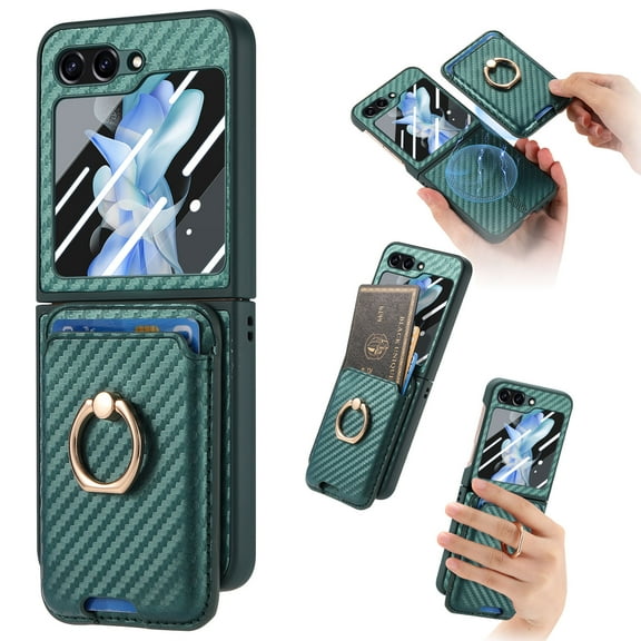 Dteck Built-in Screen Protector Case with Detachable Card Wallet for Samsung Galaxy Z Flip 6,Magnetic Leather+PC 2 in 1 Removable Card Slot Wallet Case Shockproof Mag Safe Ring Stand Cover,Green