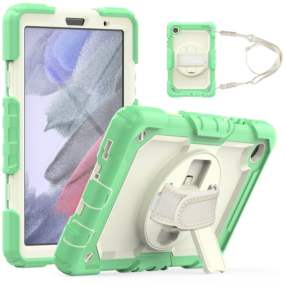 Dteck Built-in Screen Protector Case for Samsung Galaxy Tab A7 Lite 8.7" SM-T220/T225 (2021),Shockproof Rugged Rubber 3-Layers Protection Full Cover Kickstand Hand/Shoulder Strap Case,Green