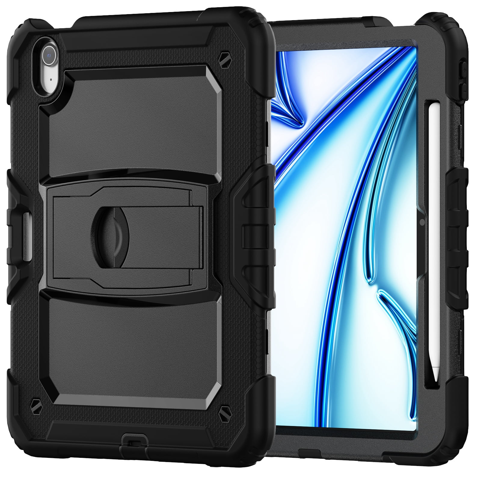 Dteck Built-in Screen Protector Case for iPad Air 11 inch 2025/2024 ,Heavy Duty Silicone Case Foldable Stand Cover Built-in Pencil Holder with Shoulder Strap for iPad Air 11-in. M3/M2,Black