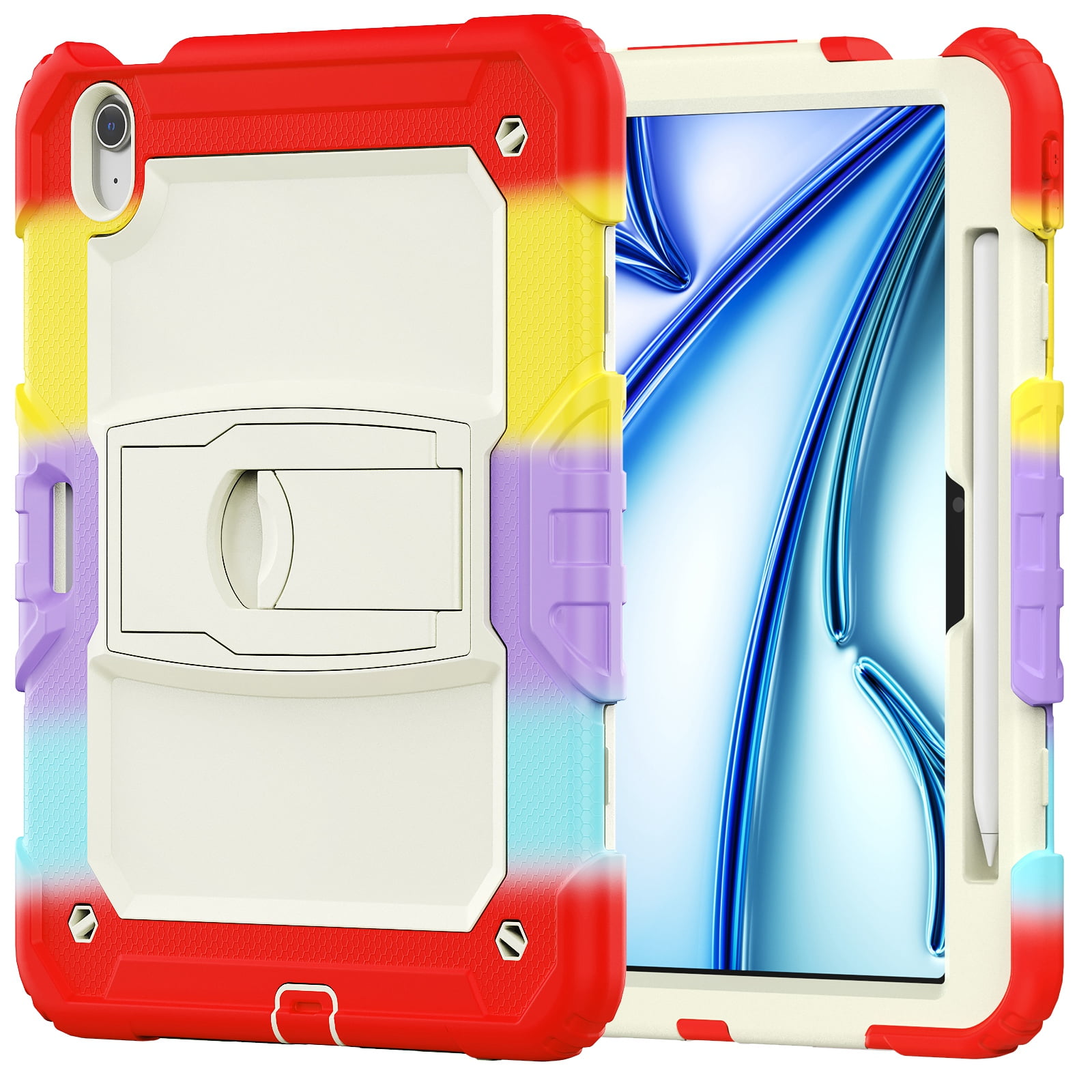 Dteck Built-in Screen Protector Case for iPad Air 11 inch 2025/2024 ,Heavy Duty Silicone Case Foldable Stand Cover Built-in Pencil Holder with Shoulder Strap for iPad Air 11-in. M3/M2,Colorful/Red