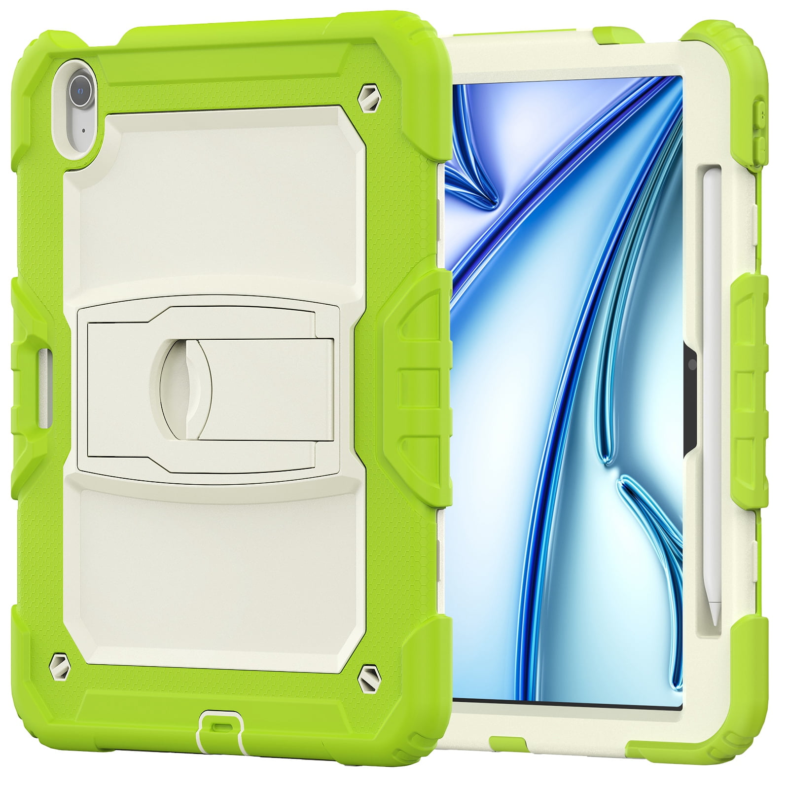 Dteck Built-in Screen Protector Case for iPad Air 11 inch 2025/2024 ,Heavy Duty Silicone Case Foldable Stand Cover Built-in Pencil Holder with Shoulder Strap for iPad Air 11-in. M3/M2,Green