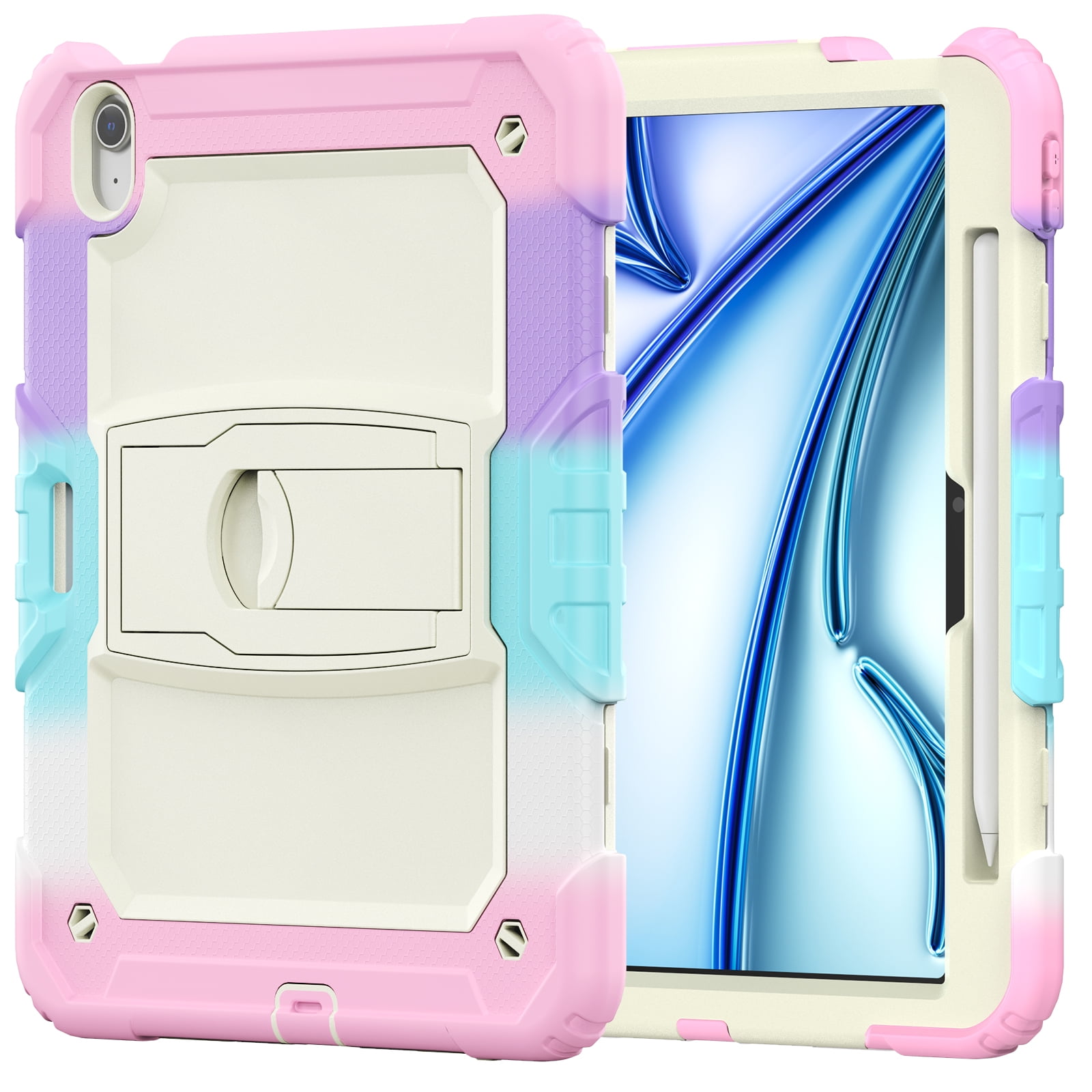 Dteck Built-in Screen Protector Case for iPad Air 11 inch 2025/2024 ,Heavy Duty Silicone Case Foldable Stand Cover Built-in Pencil Holder with Shoulder Strap for iPad Air 11-in. M3/M2,Colorful/Pink