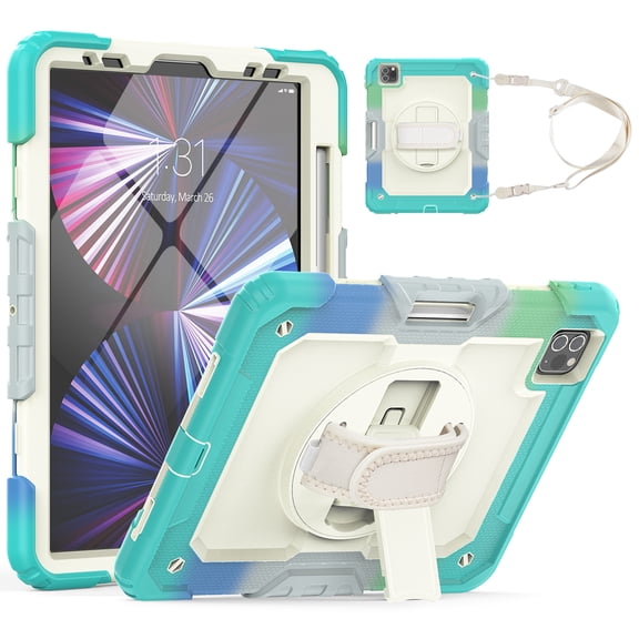 Dteck Built-in Screen Protector Case for iPad Pro 11 3rd Generation 2021,iPad Pro 11 2nd Gen 2020/2018 Shockproof Rugged Rubber 3-Layers Protection Cover Stand Hand/Shoulder Strap Cover,Mint+Blue