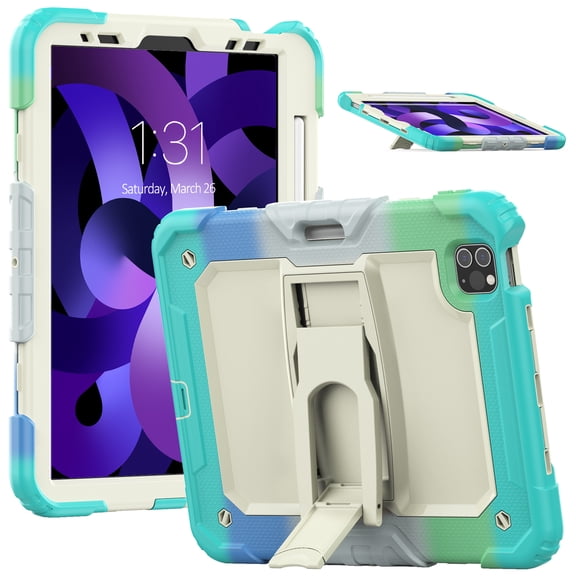 Dteck Built-in Screen Protector Case for iPad Pro 11 inch 1st/2nd/3rd/4th Generation (2018/2020/2021/2022),iPad Air 5th/4th Gen Shockproof Silicone Case Stand Cover with Shoulder Strap,Colorful/Mint
