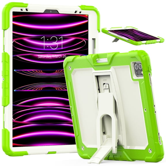 Dteck Built-in Screen Protector Case for iPad Pro 12.9 inch 3rd/4th/5th/6th Generation (2018/2020/2021/2022),Shockproof Silicone+PC Case Kickstand Cover with Shoulder Strap,Green