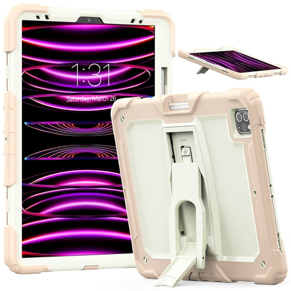 Dteck Built-in Screen Protector Case for iPad Pro 12.9 inch 3rd/4th/5th/6th Generation (2018/2020/2021/2022),Shockproof Silicone+PC Case Kickstand Cover with Shoulder Strap,Rosegold