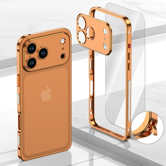 Dteck Bumper Case + Camera Lens Protection + Tempered Glass Screen Protector for iPhone 17 Pro Max, Shockproof Metal Bumper Frame Case Screen Cover for iPhone 17 Pro Max,Orange