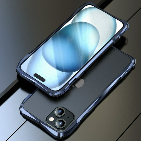 Dteck Bumper Case for iPhone 15,Shockproof Aluminum Metal Bumper Frame with Transparent Carbon Fiber Back Sticker and Camera Lens Protector,Darkblue