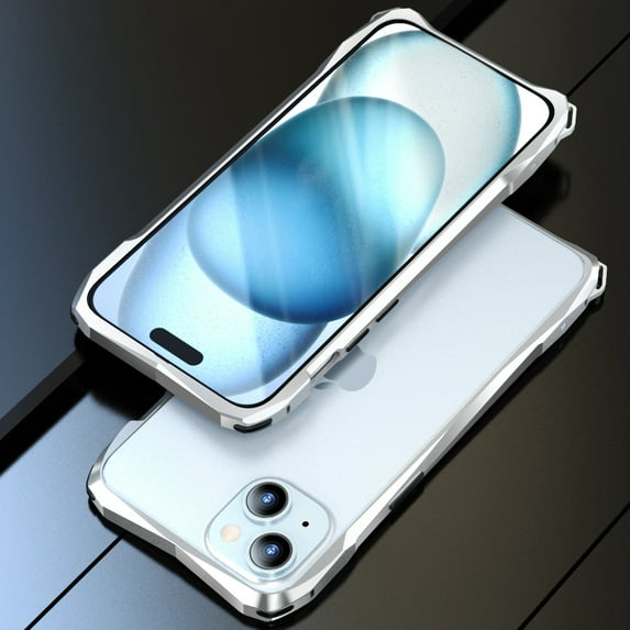 Dteck Bumper Case for iPhone 15,Shockproof Aluminum Metal Bumper Frame with Transparent Carbon Fiber Back Sticker and Camera Lens Protector, Silver