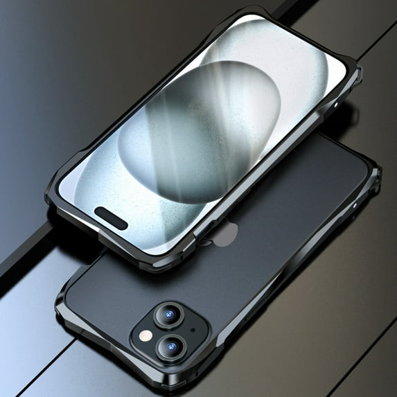 Dteck Bumper Case for iPhone 15 Plus,Shockproof Aluminum Metal Bumper Frame with Transparent Carbon Fiber Back Sticker and Camera Lens Protector, Black