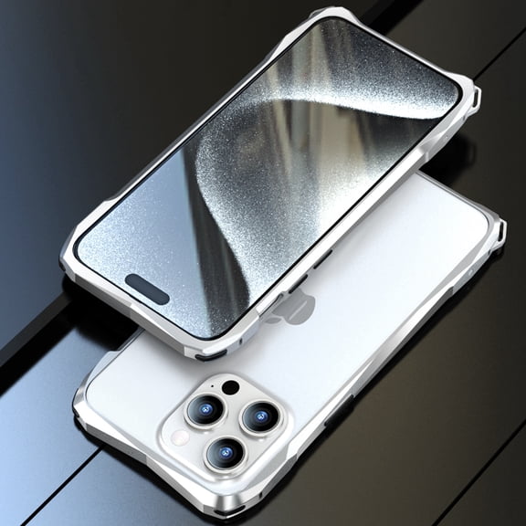 Dteck Bumper Case for iPhone 15 Pro,Shockproof Aluminum Metal Bumper Frame with Transparent Carbon Fiber Back Sticker and Camera Lens Protector, Silver