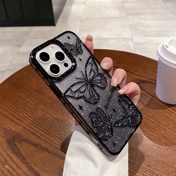 Dteck Butterfly Case for iPhone 15,Shockproof TPU Case with Bling Paper Back Cover for iPhone 15,Black
