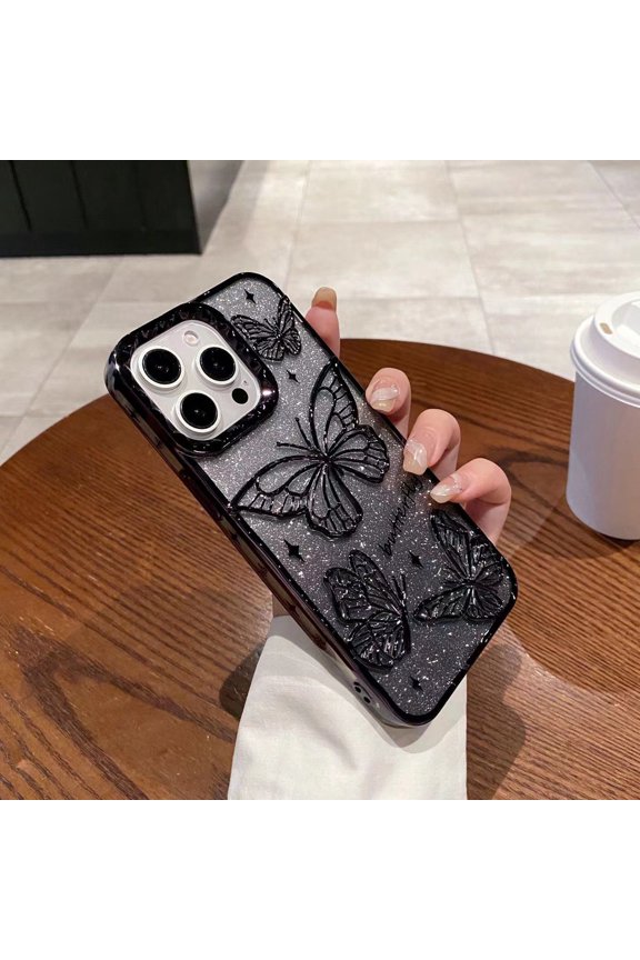 Butterfly Case for iPhone 16 Pro Max,Shockproof TPU Case with Bling Paper Back Cover for iPhone 16 Pro Max,Black