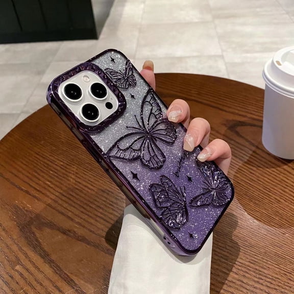 Dteck Butterfly Case for iPhone 16 Pro Max,Shockproof TPU Case with Bling Paper Back Cover for iPhone 16 Pro Max,Purple