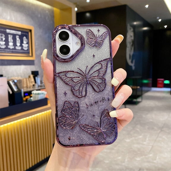 Dteck Butterfly Case for iPhone 16,Shockproof TPU Case with Bling Paper Back Cover for iPhone 16,Purple