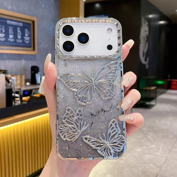 Dteck Butterfly Case for iPhone 17 Pro Max,Shockproof TPU Case with Bling Paper Back Cover for iPhone 17 Pro Max,Silver