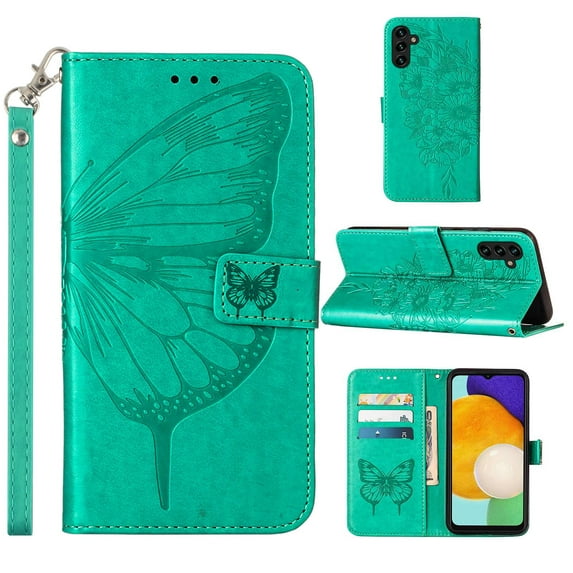 Dteck Butterfly & Flower Embossed Pattern PU Leather Wallet Phone Case for Samsung Galaxy A15 6.5 inch,Shockproof Slim Magnetic Flip Holder Card Slots Protective Cover with Wrist Strap,Green