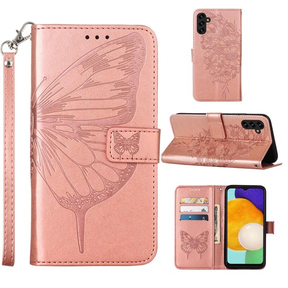 Dteck Butterfly & Flower Embossed Pattern PU Leather Wallet Phone Case for Samsung Galaxy A35 6.6 inch,Shockproof Slim Magnetic Flip Holder Card Slots Protective Cover with Wrist Strap,Rosegold