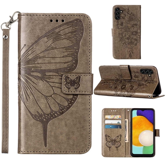Dteck Butterfly & Flower Embossed Pattern PU Leather Wallet Phone Case for Samsung Galaxy A35 6.6 inch,Shockproof Slim Magnetic Flip Holder Card Slots Protective Cover with Wrist Strap,Gray