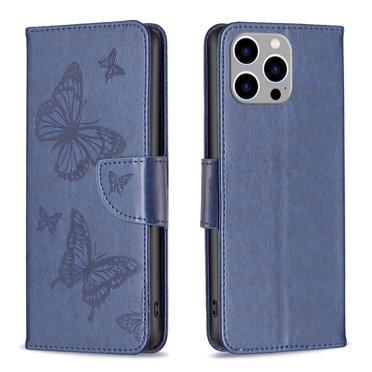 Dteck Butterfly Pattern Case For iPhone 14 Pro,Magnetic Leather Card Wallet Case Kickstand Cover with Wrist Strap for iPhone 14 Pro 6.1-inch,Blue