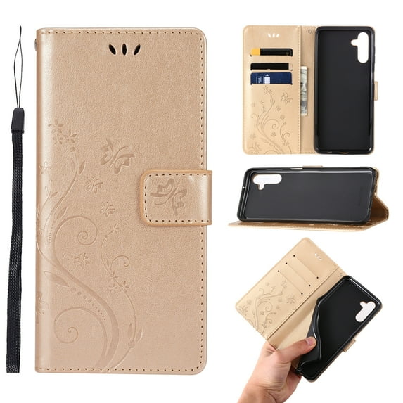 Dteck Butterfly Pattern Case for Samsung Galaxy A14 5G,Magnetic Leather Card Slots Wallet Case Shockproof Rubber Kickstand Cover with Wrist Strap,Gold