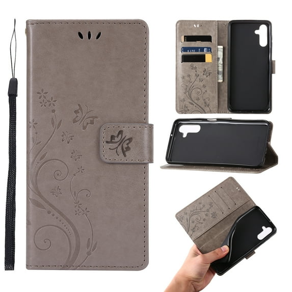 Dteck Butterfly Pattern Case for Samsung Galaxy A14 5G,Magnetic Leather Card Slots Wallet Case Shockproof Rubber Kickstand Cover with Wrist Strap,Gray