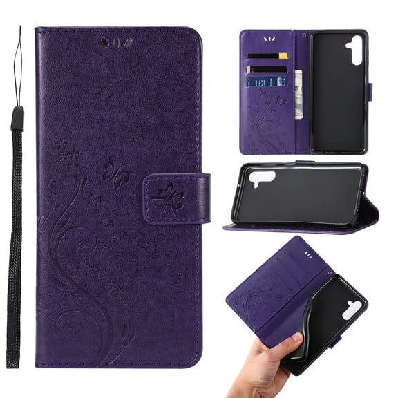 Dteck Butterfly Pattern Case for Samsung Galaxy A14 5G,Magnetic Leather Card Slots Wallet Case Shockproof Rubber Kickstand Cover with Wrist Strap,Purple