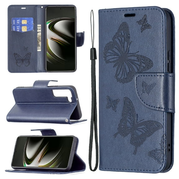 Dteck Butterfly Pattern Case for Samsung Galaxy S23 Plus,Magnetic Leather Card Wallet Case Shockproof Kickstand Cover with Wrist Strap for Galaxy S23+,Blue