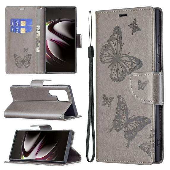 Dteck Butterfly Pattern Case for Samsung Galaxy S23 Ultra,Magnetic Leather Card Wallet Case Shockproof Kickstand Cover with Wrist Strap for Galaxy S23 Ultra ,Gray