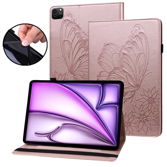 Dteck Butterfly Pattern Case for iPad Air 11 inch 2024,Magnetic PU Leather Smart Auto Wake/Sleep Folio Stand Case Card Slot Pencil Holder Cover for iPad Air 11-in. (M2) 2024,Rosegold