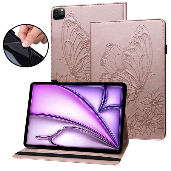 Dteck Butterfly Pattern Case for iPad Air 13 inch 2025/2024,Magnetic PU Leather Smart Auto Wake/Sleep Folio Stand Case Card Slot Pencil Holder Cover for iPad Air 13-in. M3/M2,Rosegold