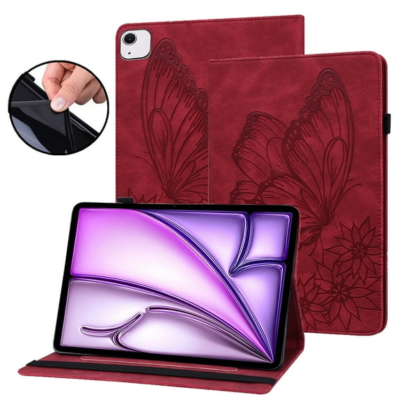 Dteck Butterfly Pattern Case for iPad Air 13 inch 2025/2024,Magnetic PU Leather Smart Auto Wake/Sleep Folio Stand Case Card Slot Pencil Holder Cover for iPad Air 13-in. M3/M2,Red