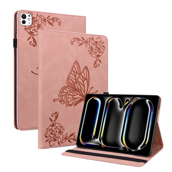 Dteck Butterfly Pattern Case for iPad Pro 11 inch 2024,Magnetic Leather Card Slots Wallet Case Shockproof Kickstand Cover for iPad Pro 11-in. (M4) ,Pink