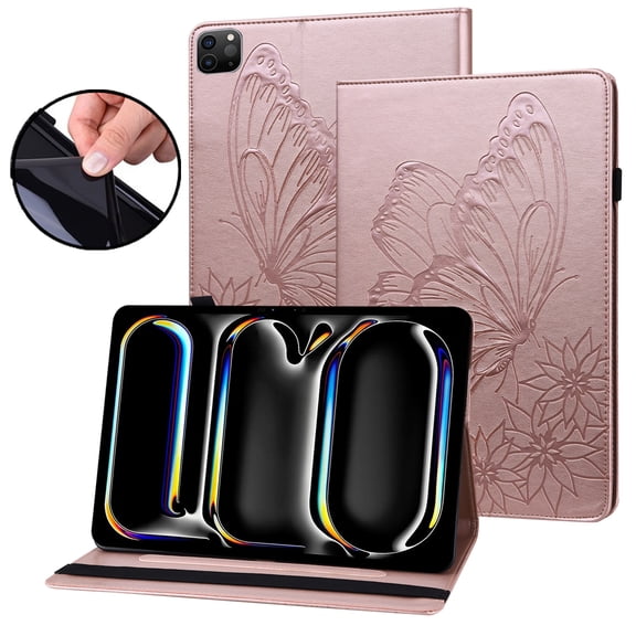 Dteck Butterfly Pattern Case for iPad Pro 13 inch 2024,Magnetic PU Leather Smart Auto Wake/Sleep Folio Stand Case Card Slot Pencil Holder Cover for iPad Pro 13-in. (M4) 2024,Rosegold